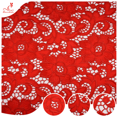 135CM Fancy Embroidered Fabric Hollow Lace Trim 3d Red Flowers Embroidery Guipure Lace Fabric