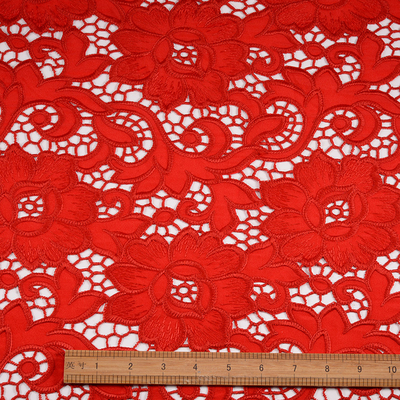 135CM Fancy Embroidered Fabric Hollow Lace Trim 3d Red Flowers Embroidery Guipure Lace Fabric